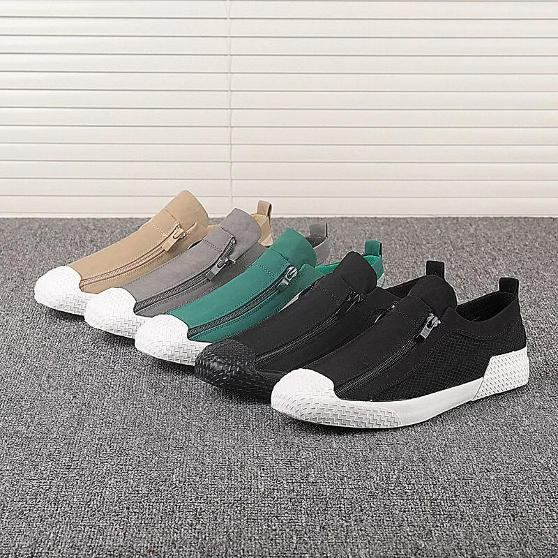 Advbridge Summer Mens Vulcanize Shoes Fashion Canvas Sneakers Side Zipper Men Casual Shoes Light Breathable Outdoor Driving flat Loafers