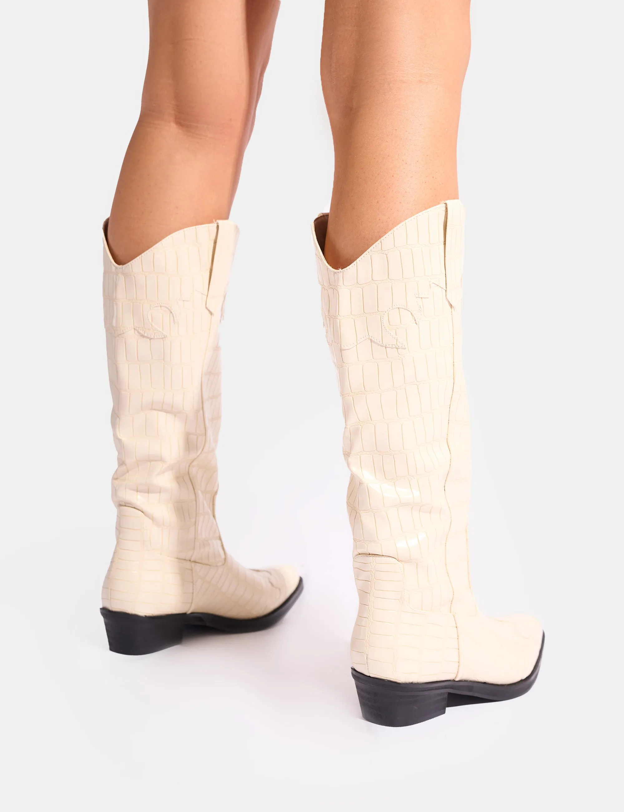 Apollo Cream Stitch Flat Western Knee High Boots