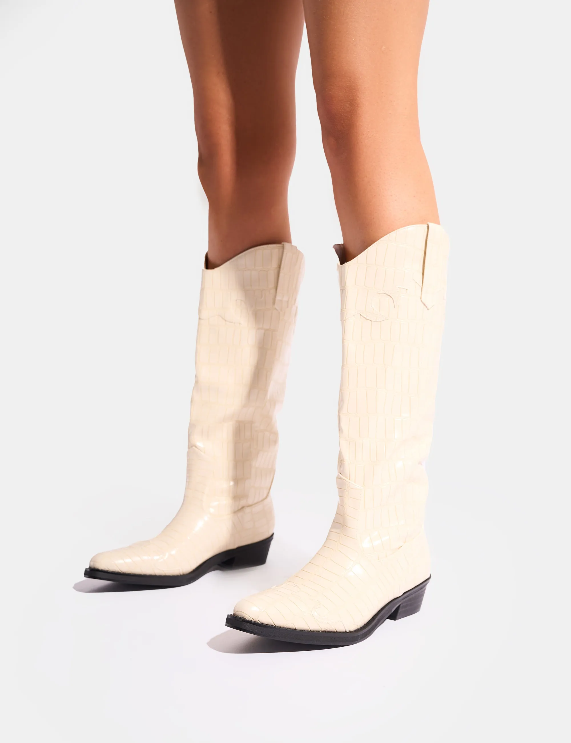 Apollo Cream Stitch Flat Western Knee High Boots