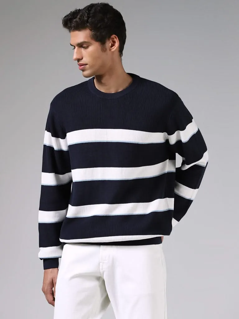 Ascot Navy & White Striped Cotton Relaxed-Fit Sweater