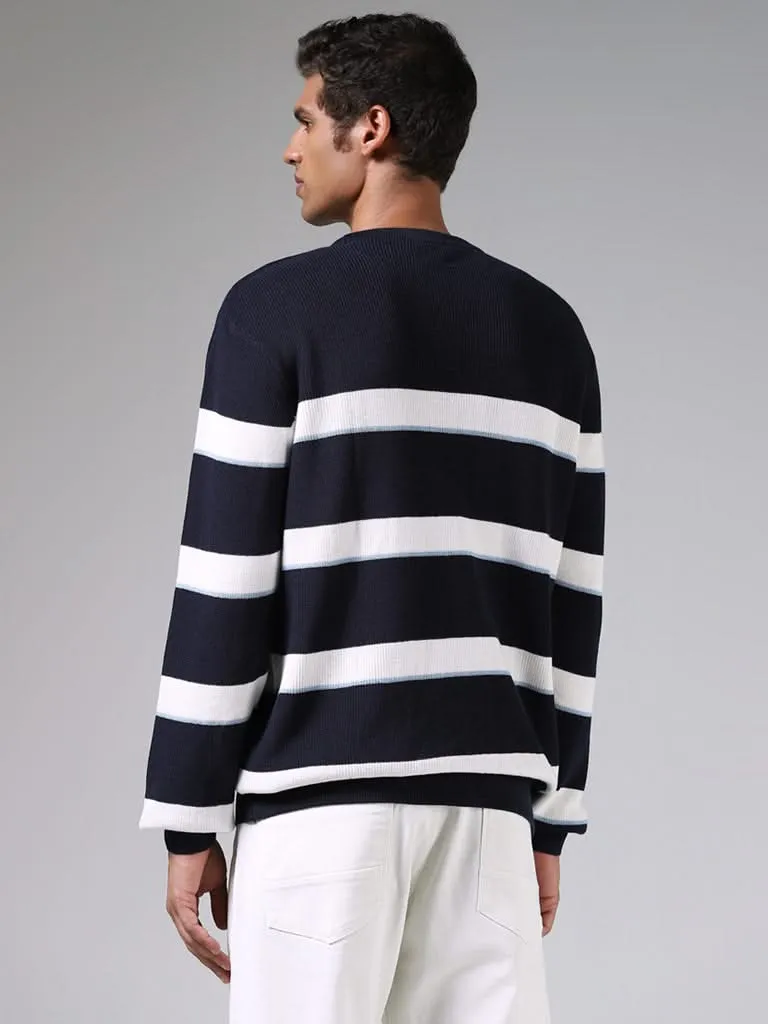 Ascot Navy & White Striped Cotton Relaxed-Fit Sweater