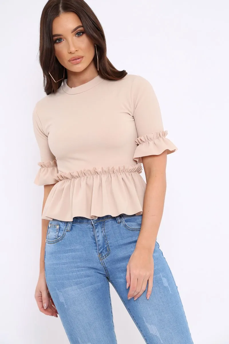 Beige Peplum Frill Detail Top with Frill Sleeves - Gretta