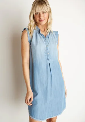 BELLA DAHL - Fray Hem Capsleeve Pleat Front Dress in Silverlake Wash