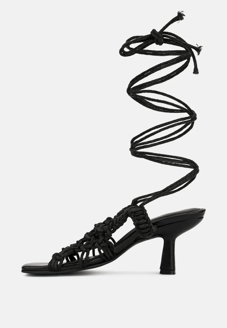 BEROE Black Braided Handcrafted Lace Up Sandal