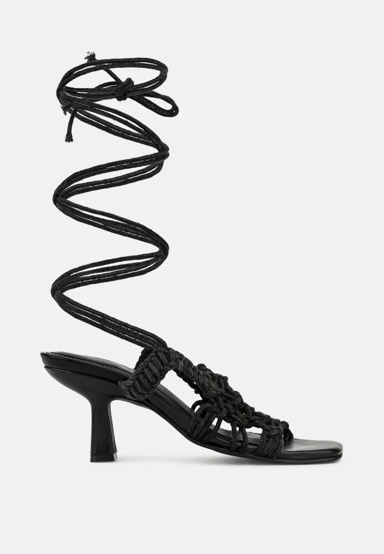 BEROE Black Braided Handcrafted Lace Up Sandal