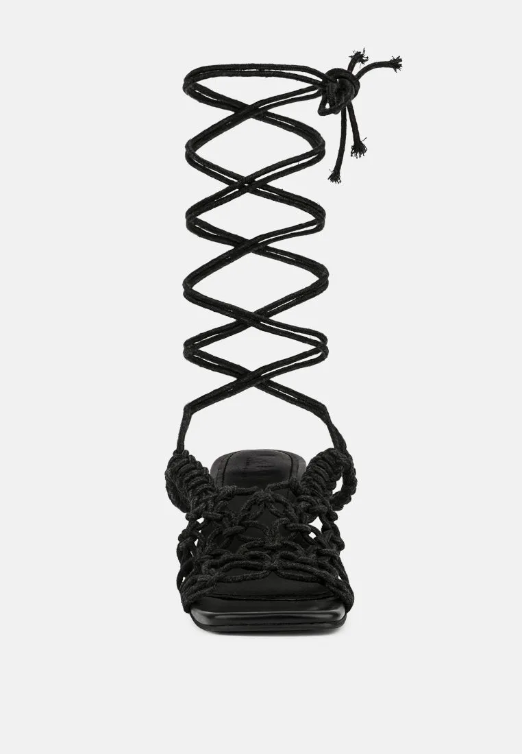 BEROE Black Braided Handcrafted Lace Up Sandal