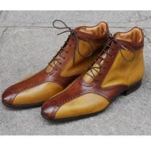 Bespoke Tan and Brown Leather High Ankle Stylish Lace up Boot