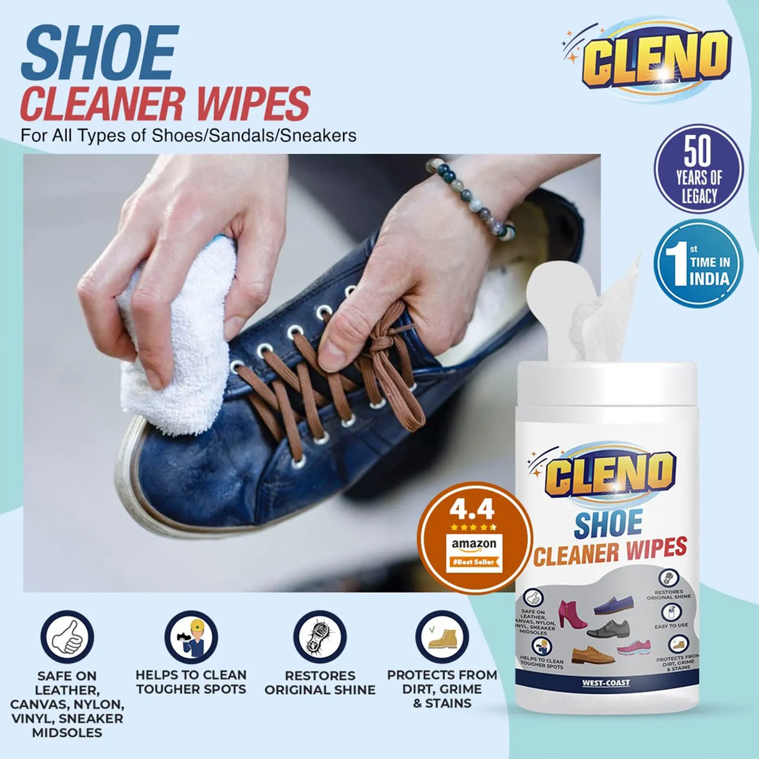 Cleno Shoe Cleaner Wet Wipes for Loafers, Sandals, Slippers, Traditional Footwear, Athletic, Sneakers, White & Golf-Tennis Shoes, Scrub Off Dirt, Mud, Grass Stains - 50 Wipes (Pack of 2,Ready to Use)