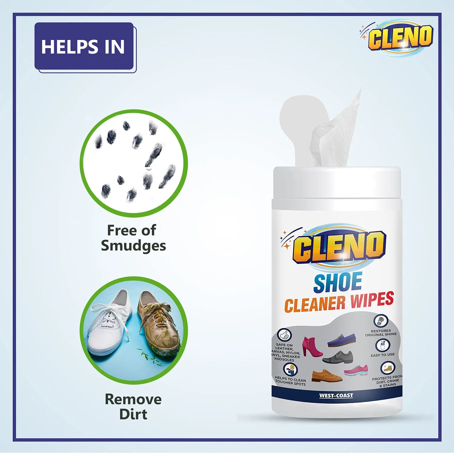 Cleno Shoe Cleaner Wet Wipes For Shoes/Loafers/Sandals/Slippers/Traditional Footwear/Athletic Shoes/Sneakers/White Shoes/Golf-Tennis Shoes/Scrub Off Dirt/Mud - 50 Wipes (Ready to Use) (Pack of 4)