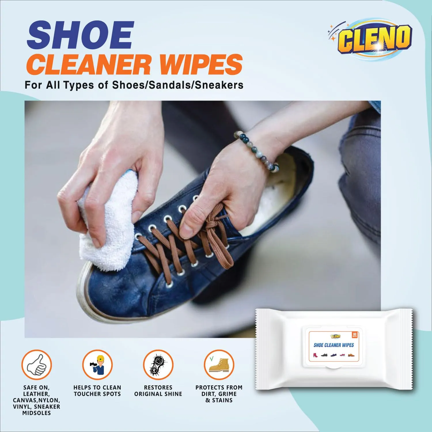 Cleno Shoe Cleaner Wet Wipes For Shoes/Loafers/Sandals/Slippers/Traditional Footwear/Athletic Shoes/Sneakers/White Shoes/Golf-Tennis Shoes/Scrub Off Dirt/Mud - 80 Wipes | Pack of 3 (Ready to Use)