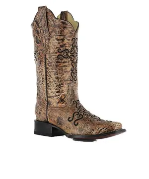 Corral Women's Distressed Bronze Crystal Embroidered Cross Square Toe - R1288