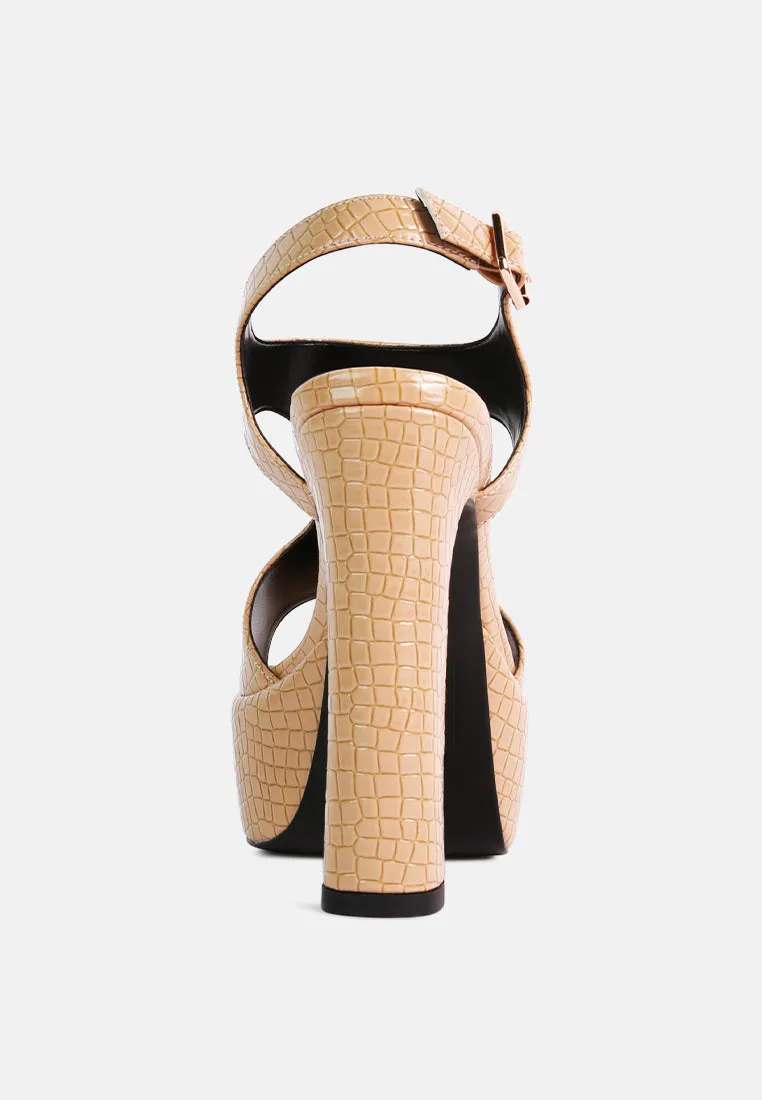 CROFT Croc High Heeled Cut Out Sandals in Beige