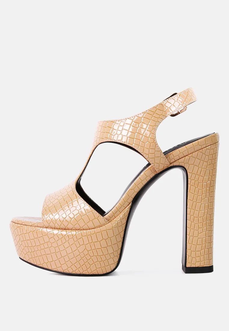 CROFT Croc High Heeled Cut Out Sandals in Beige