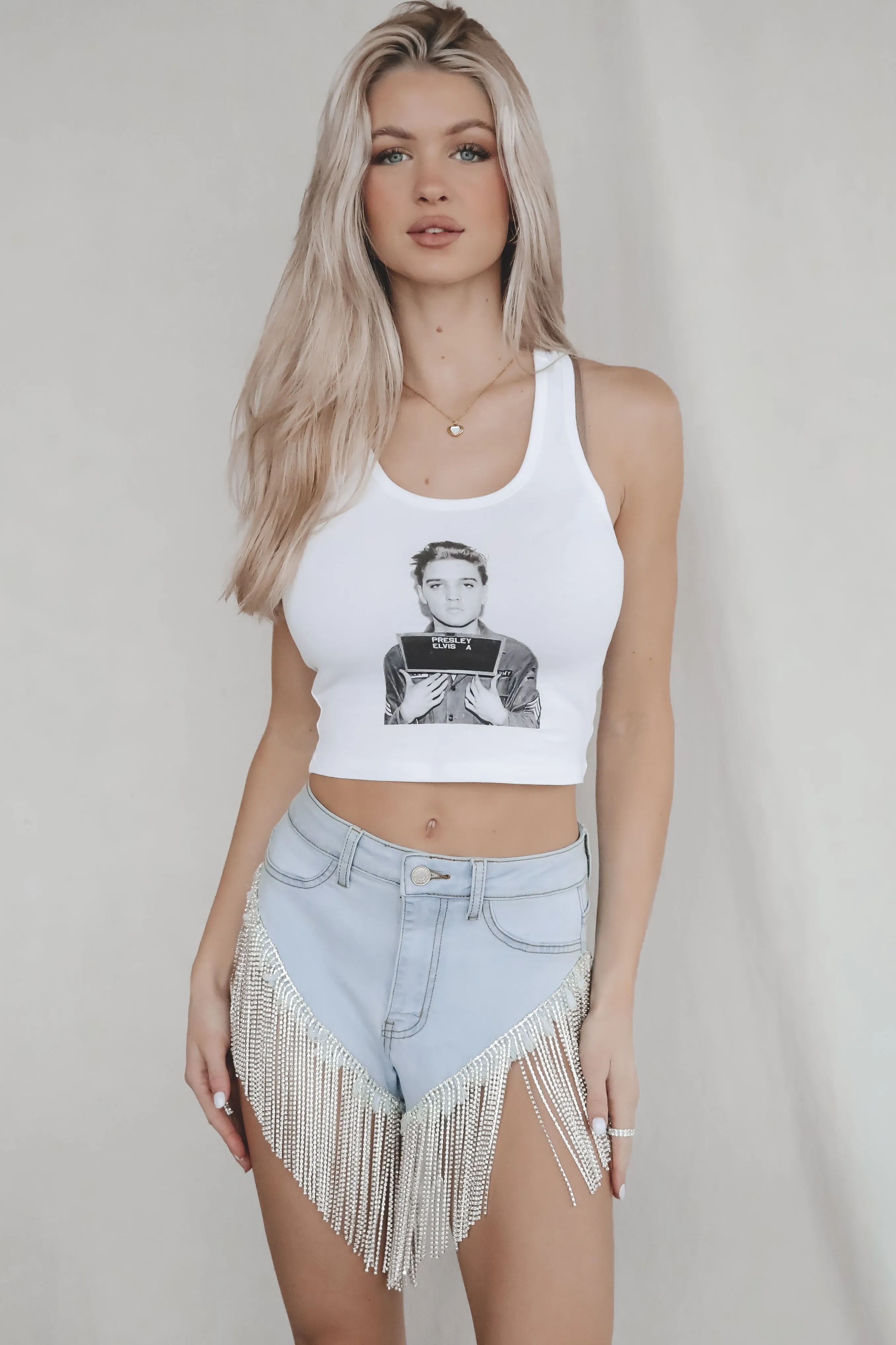 Elvis Mugshot Graphic Army Cropped Tank