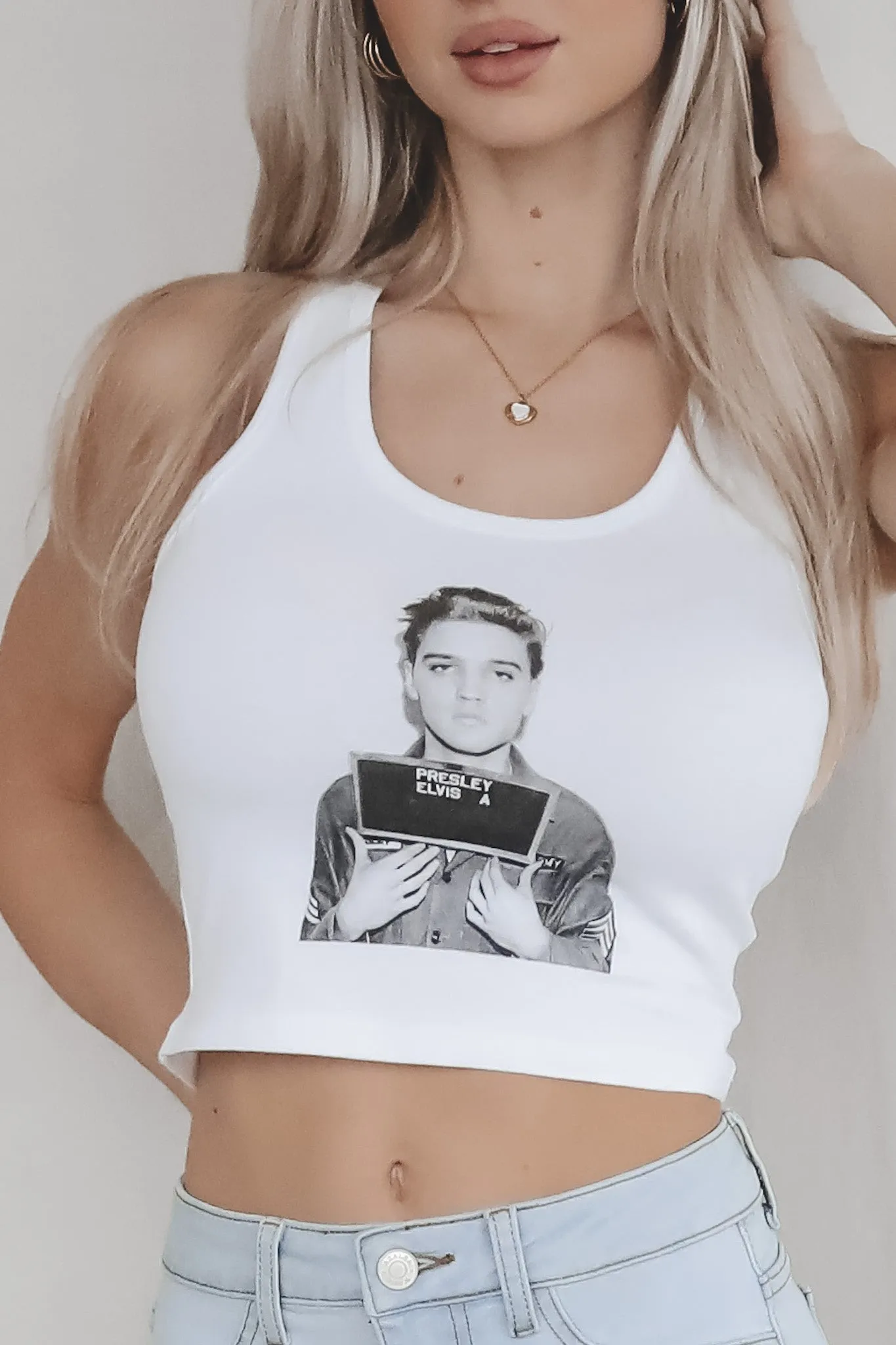 Elvis Mugshot Graphic Army Cropped Tank