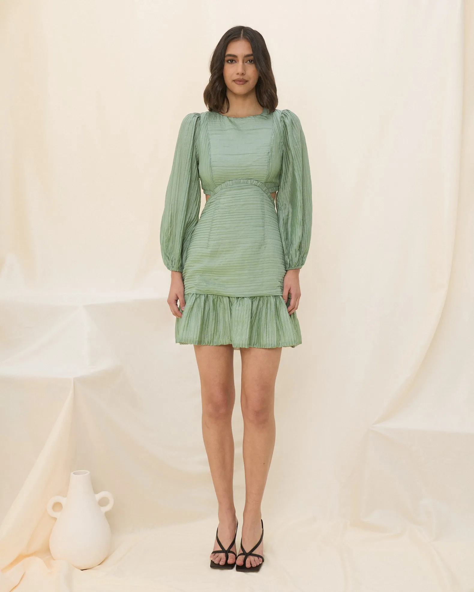 Esper Sage Green Long Sleeve Cut Out Mini Dress