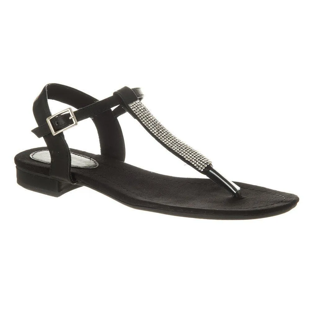 Flat Block Heel Diamante T-Bar Toe-Post Sandal