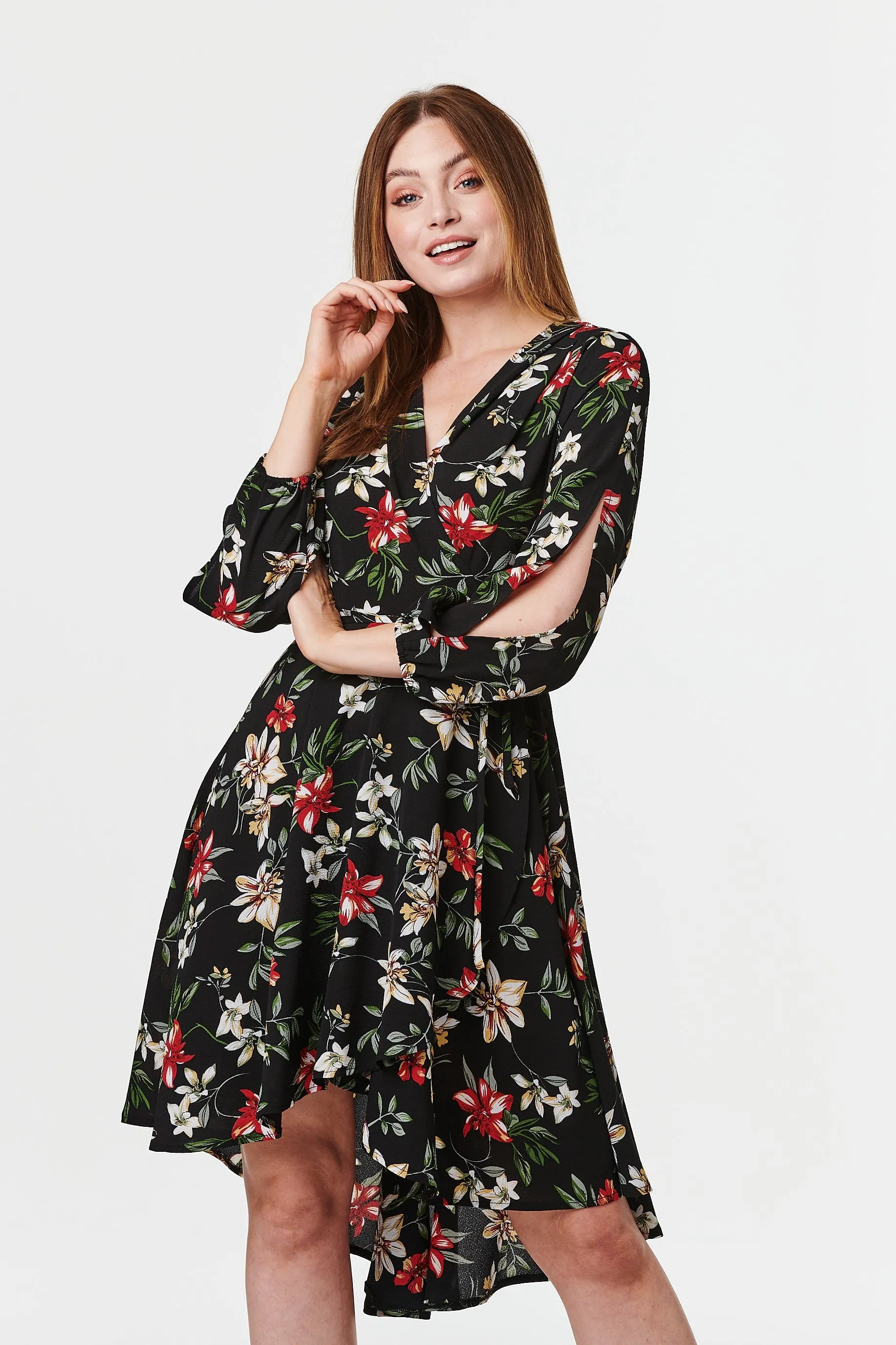 Floral Long Sleeve Wrap Front Dress