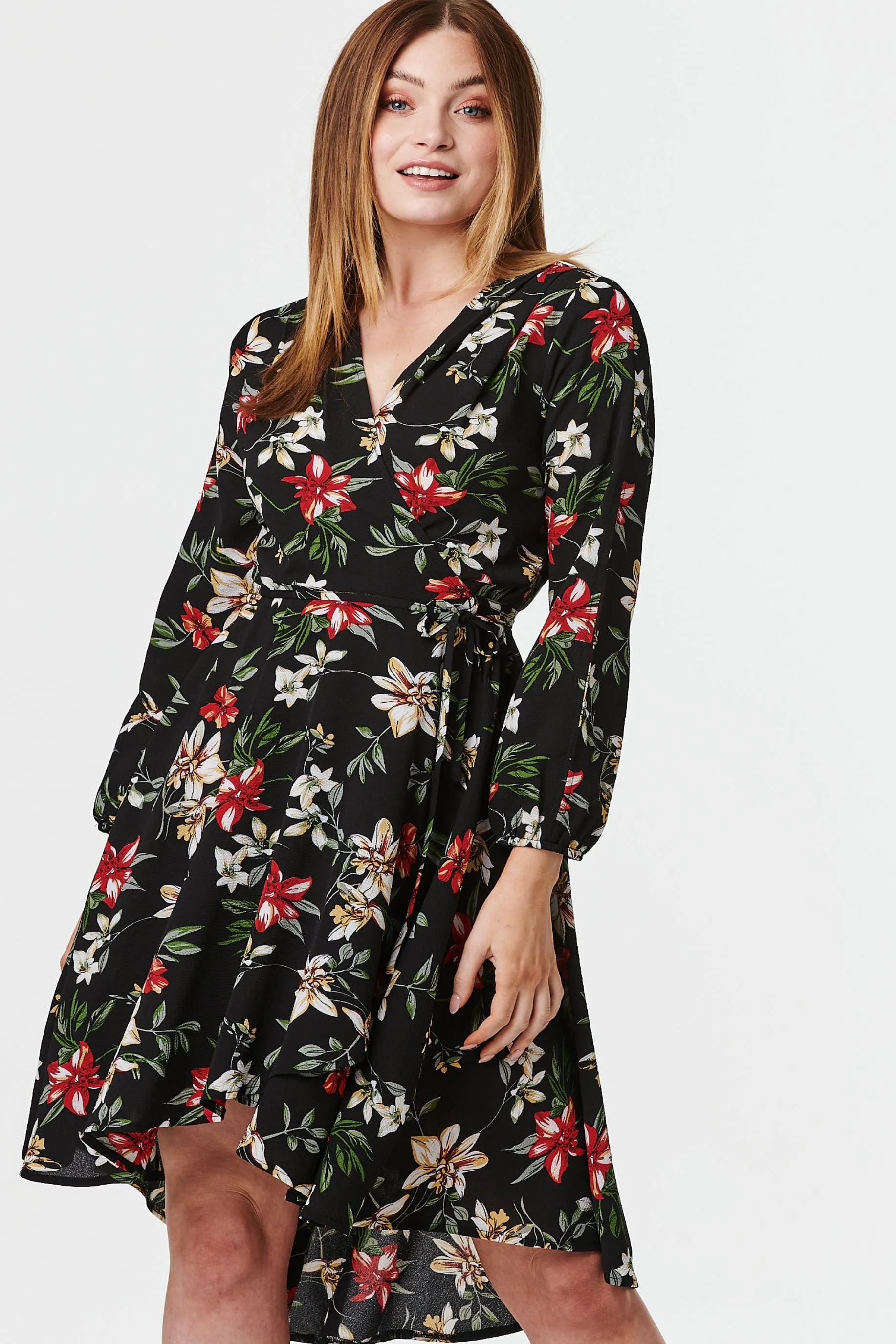 Floral Long Sleeve Wrap Front Dress