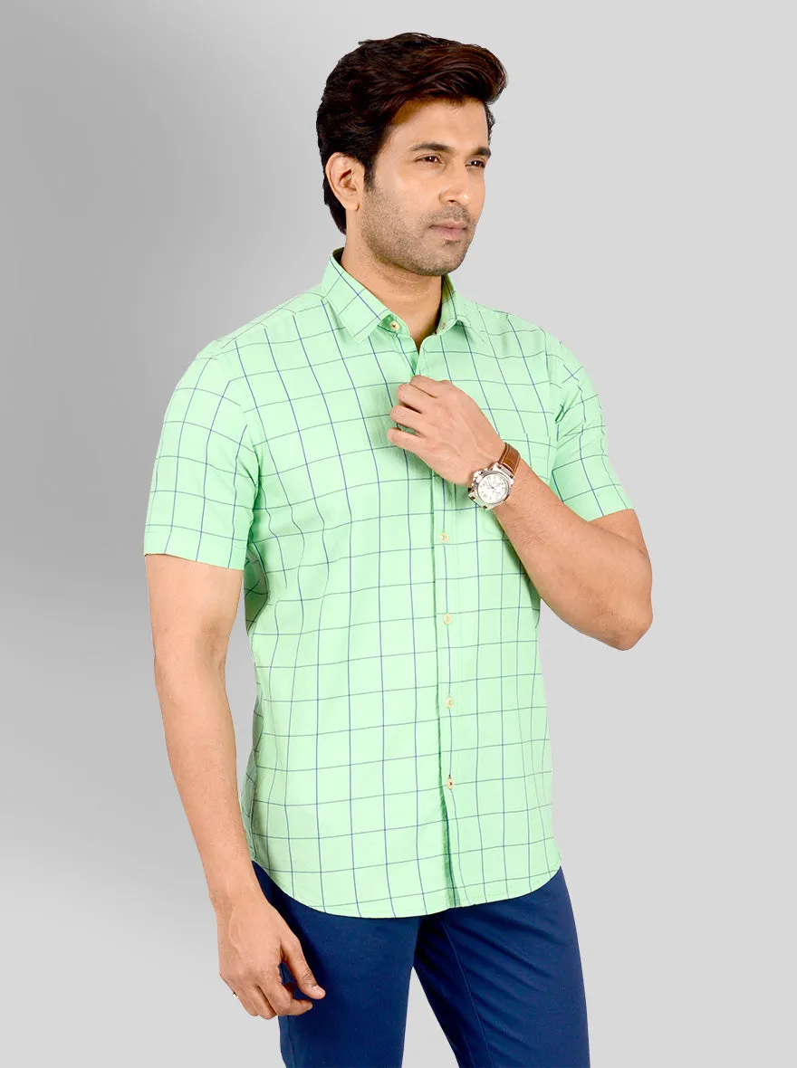 Light Green & Blue Checked Tailored Fit Casual Shirt | JadeBlue