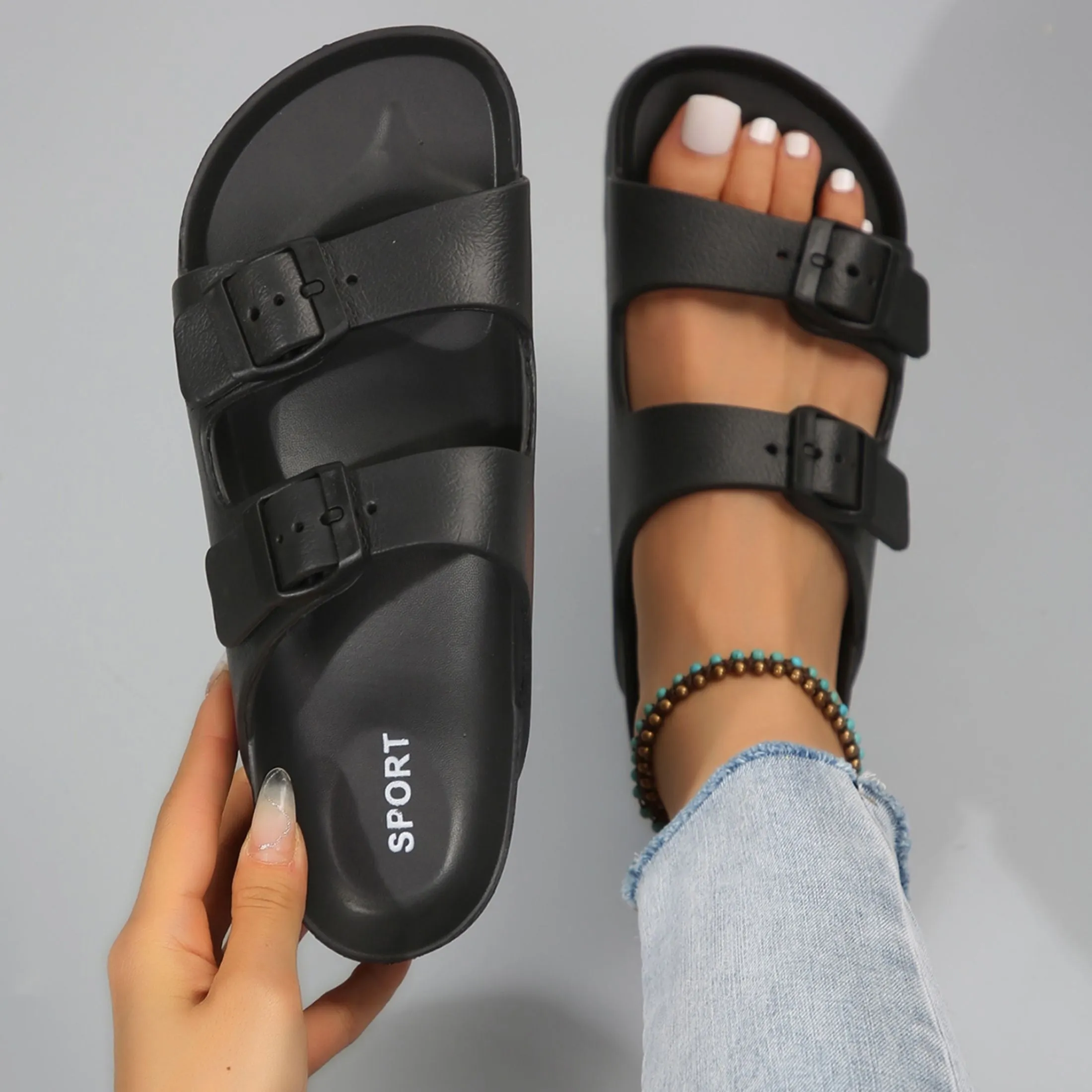 Low Heel Adjustable Double Buckle Strappy Back EVA Sandals - Comfortable Arch Support, Waterproof, Fashionable, and Breathable - Perfect for Beach, Summer, and Casual Occasions