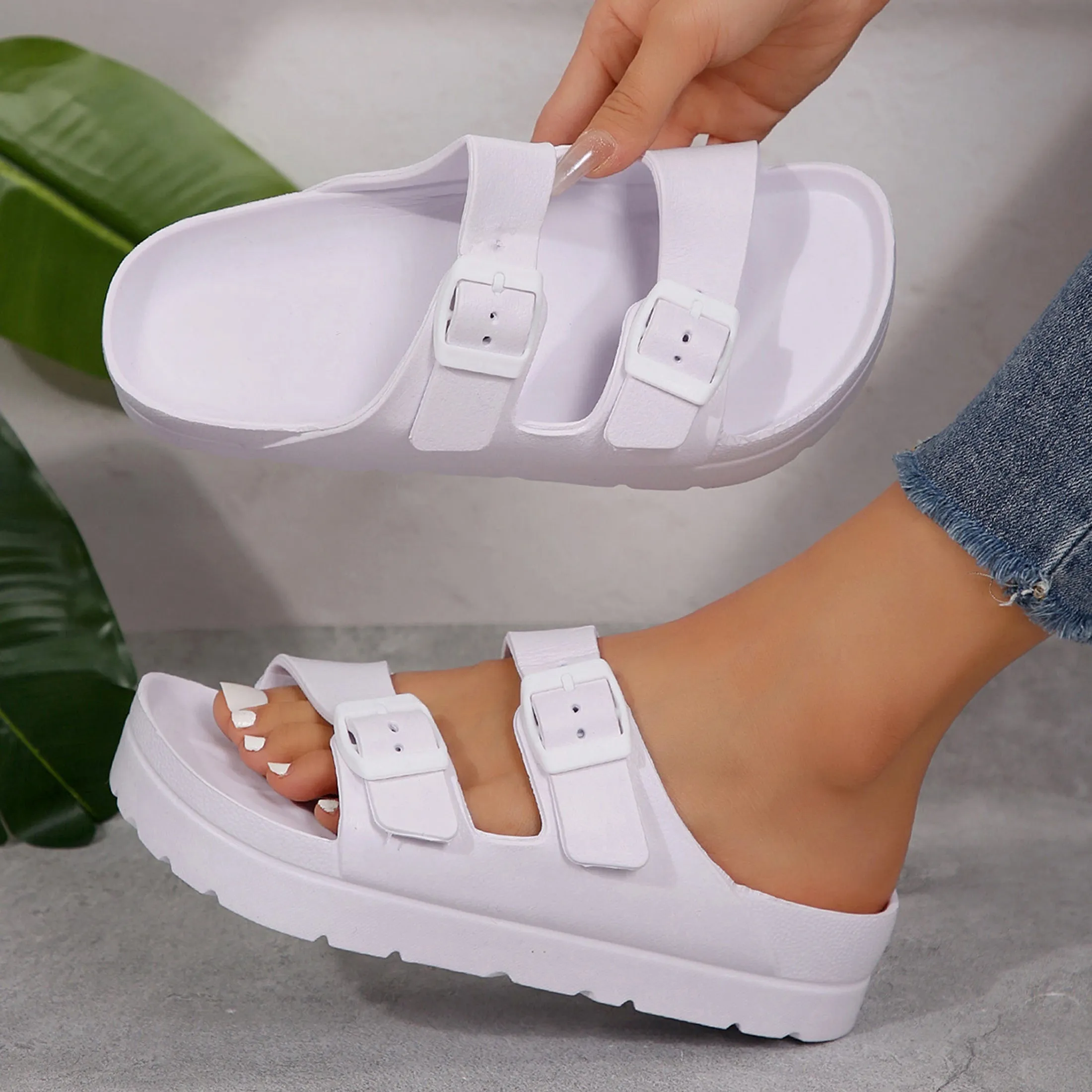 Low Heel Adjustable Double Buckle Strappy Back EVA Sandals - Comfortable Arch Support, Waterproof, Fashionable, and Breathable - Perfect for Beach, Summer, and Casual Occasions