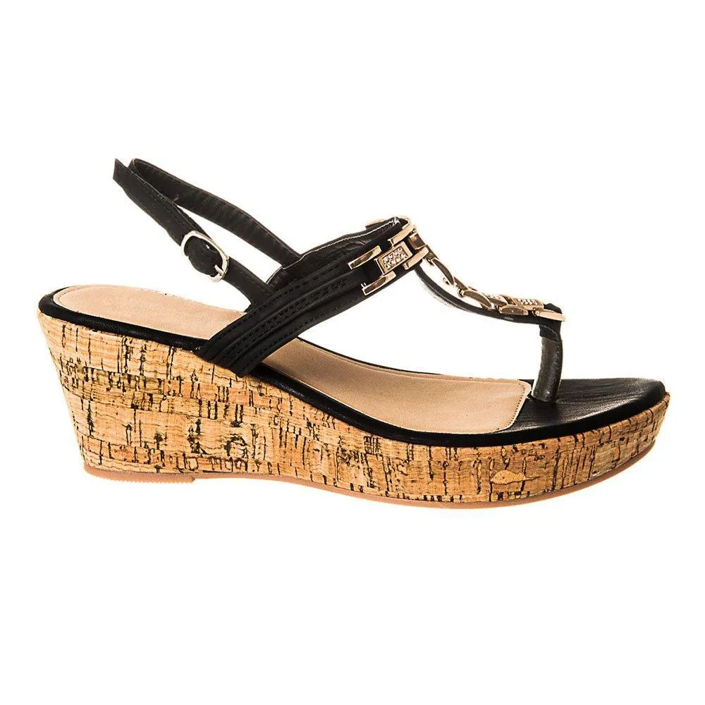 Low Wedge Cork Heel T-Bar Sandal with back strap