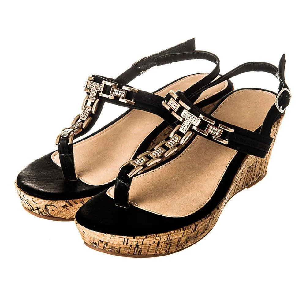 Low Wedge Cork Heel T-Bar Sandal with back strap