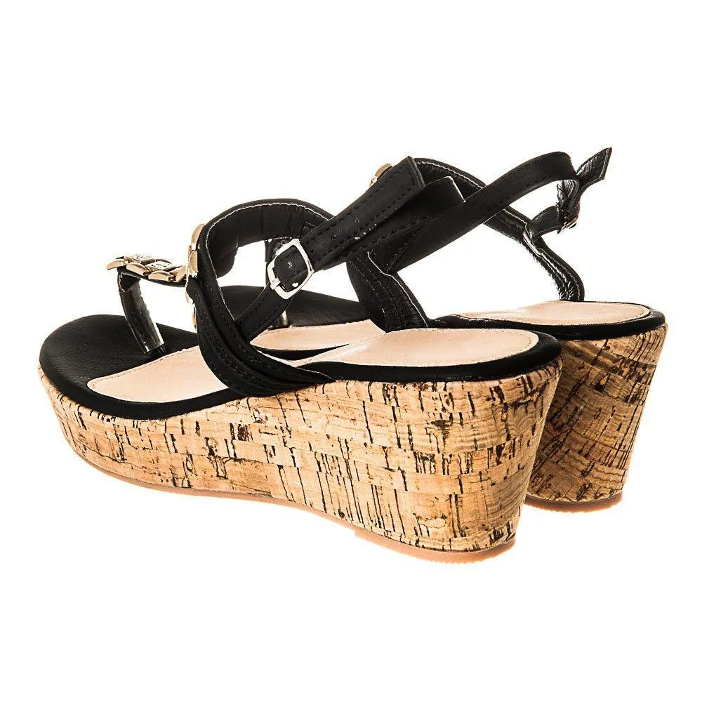 Low Wedge Cork Heel T-Bar Sandal with back strap