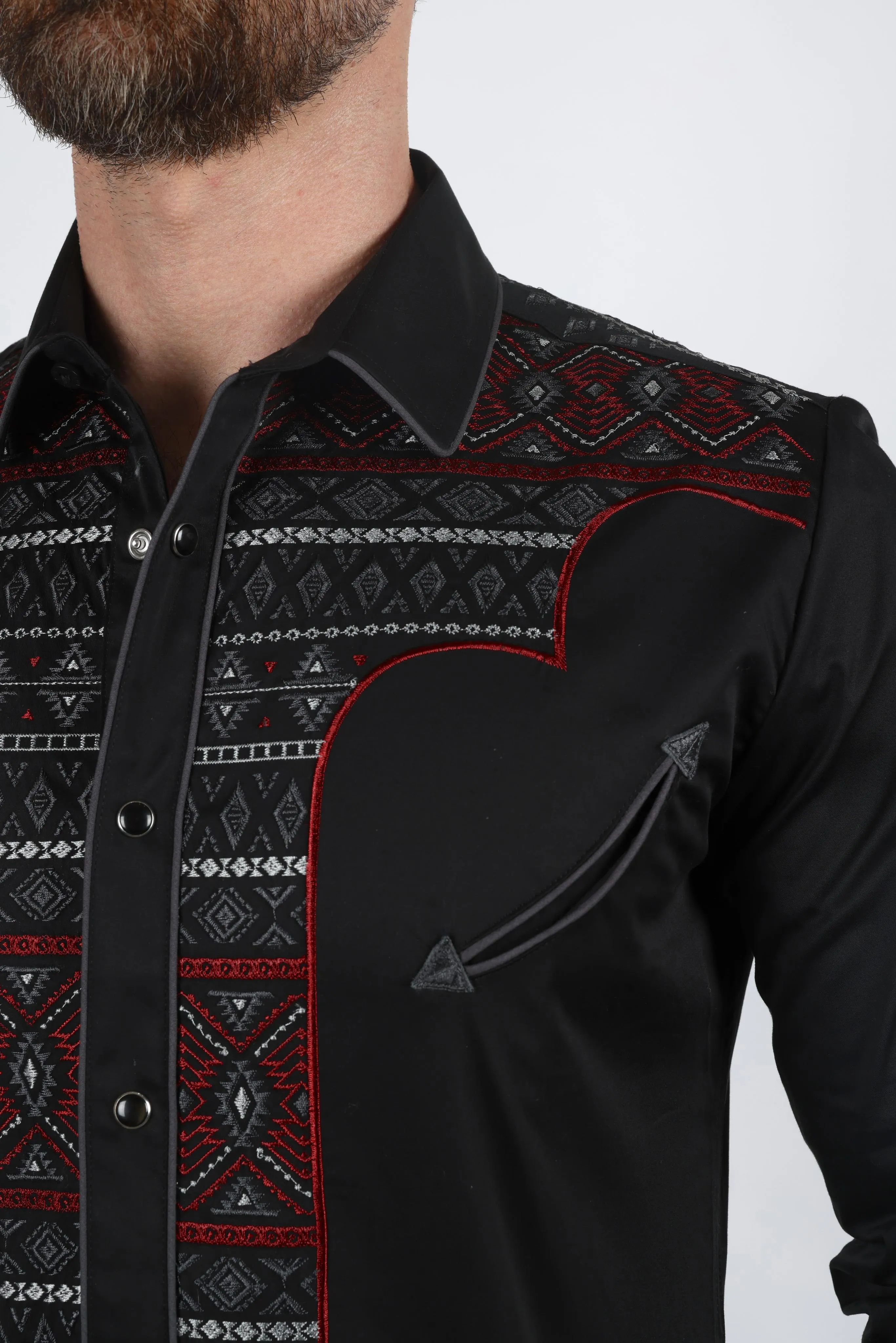 Mens Modern Fit Stretch Multi-Color Aztec Embroidery Shirt