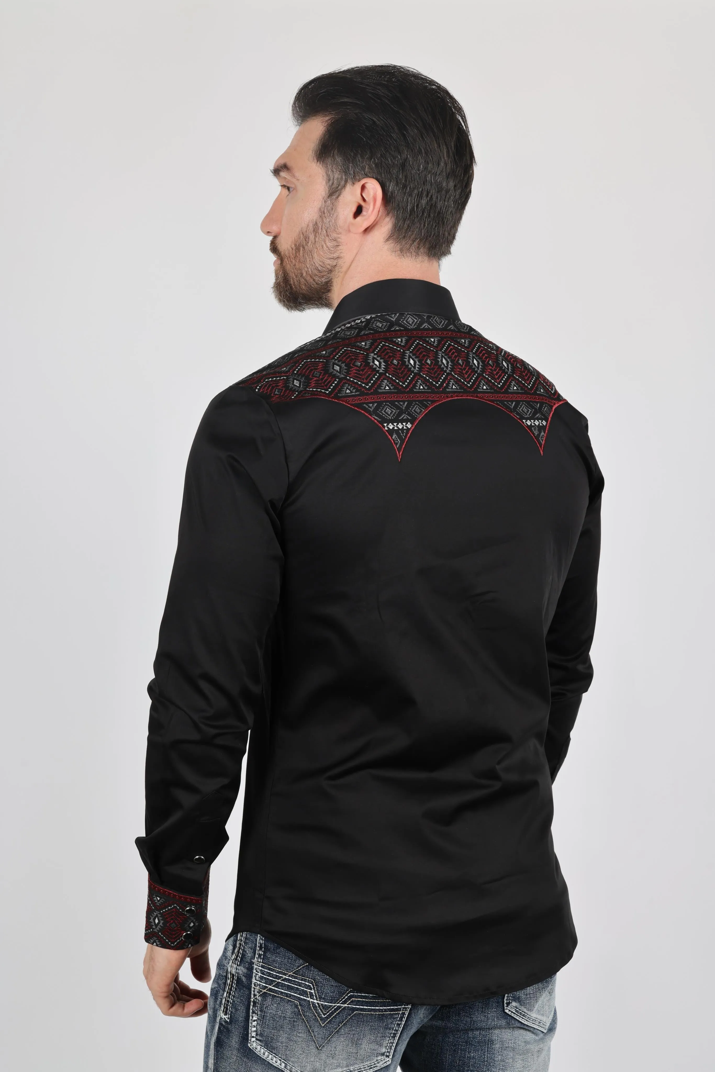 Mens Modern Fit Stretch Multi-Color Aztec Embroidery Shirt