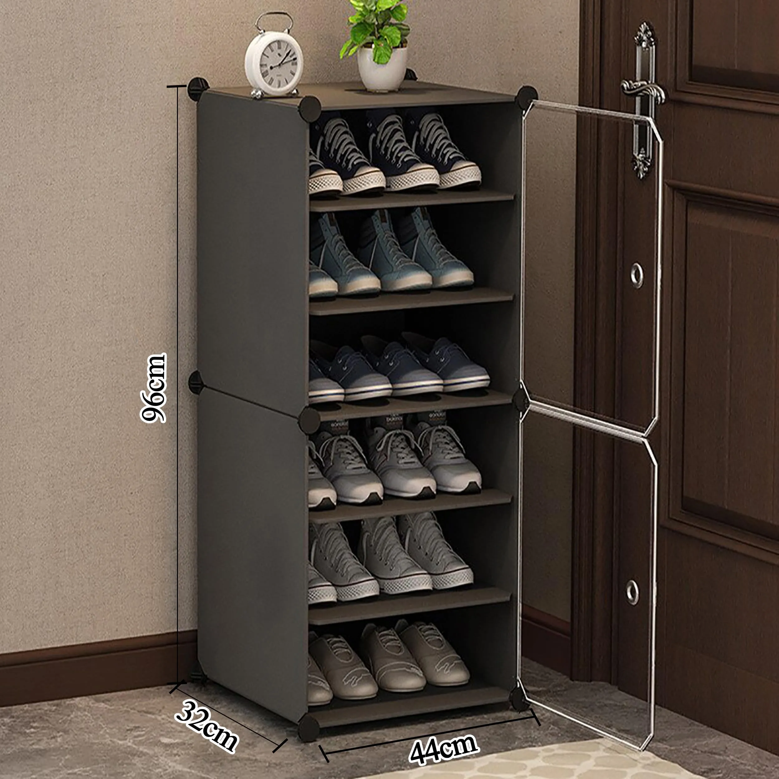 Oumffy Portable Plastic DIY Shoe Rack Organizer with Door, Made of Plastic Shoe Storage Cabinet Easy Assembly, Adjustable Shoe Storage Organizer Stackable Detachable Shoe Rack (6-Layer, Grey)