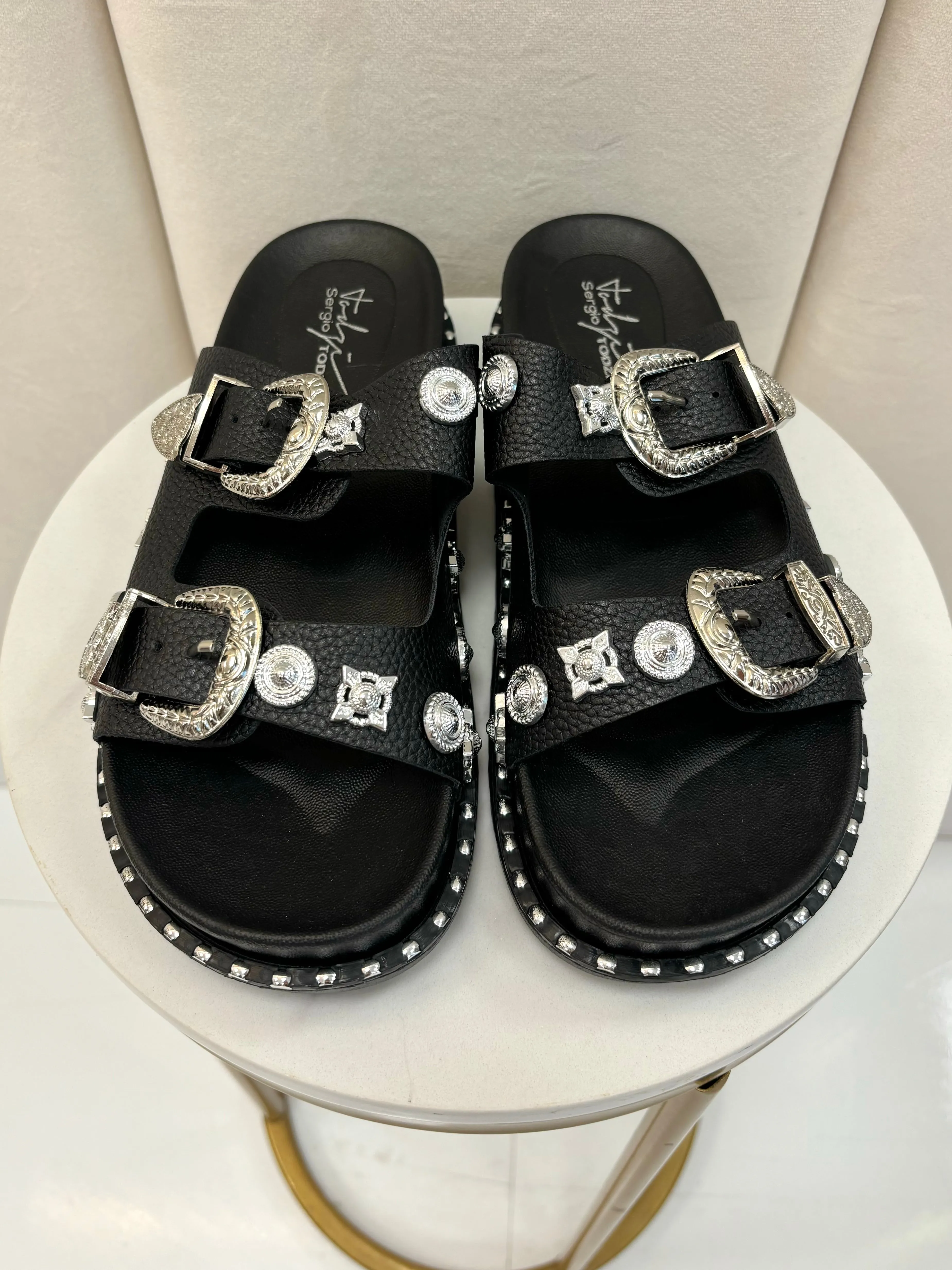 Rochelle Stud Detailed Black Double Strap Sandal