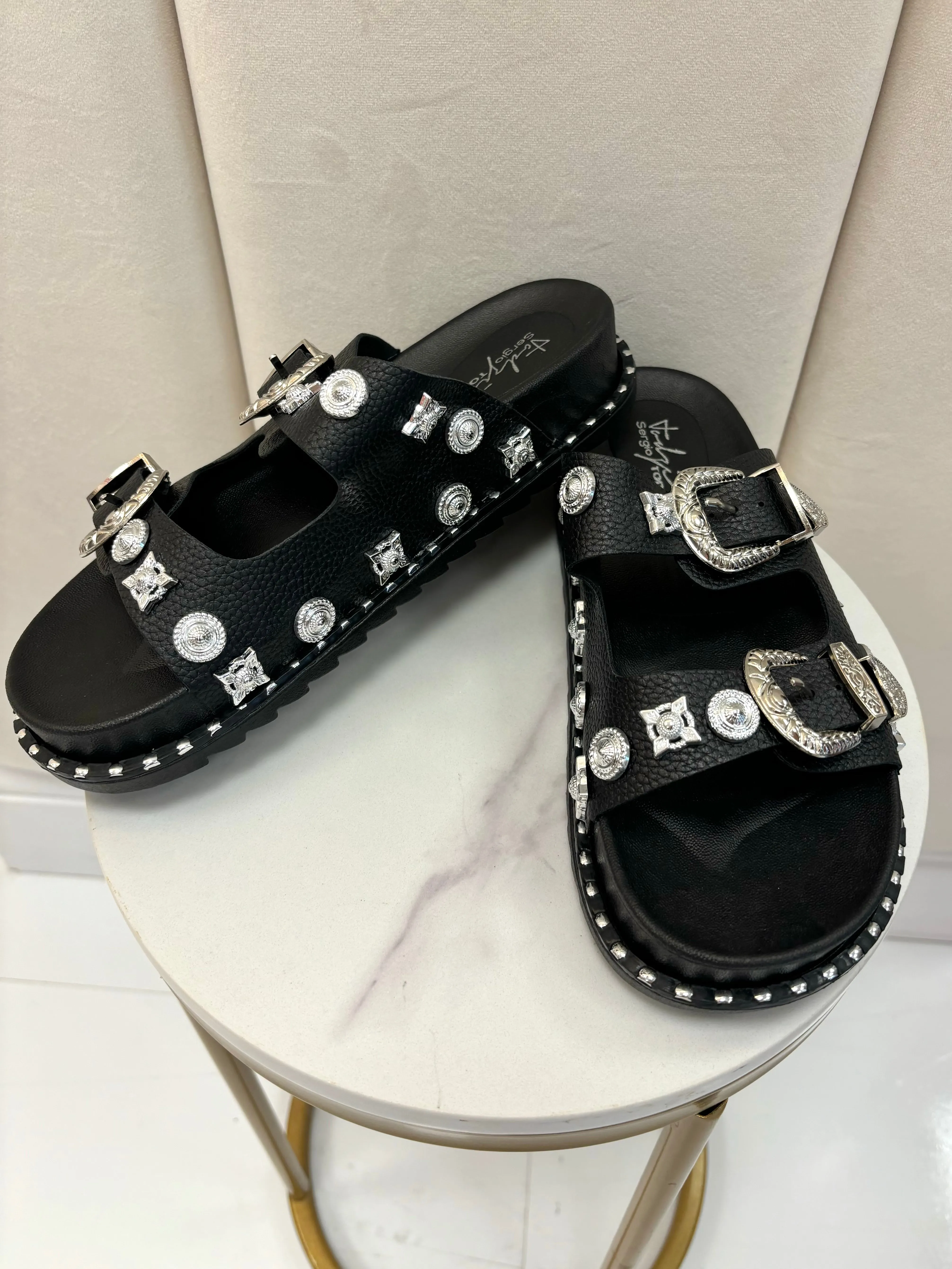 Rochelle Stud Detailed Black Double Strap Sandal