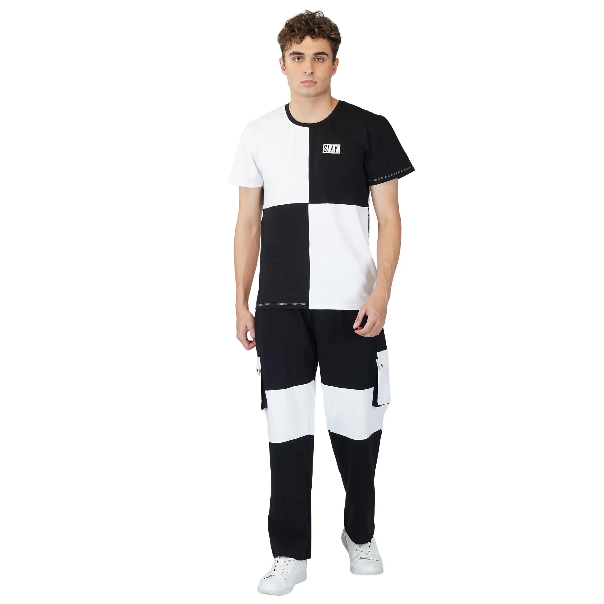 SLAY. Men's Black & White T-shirt & Cargo Pants Co-ord Set