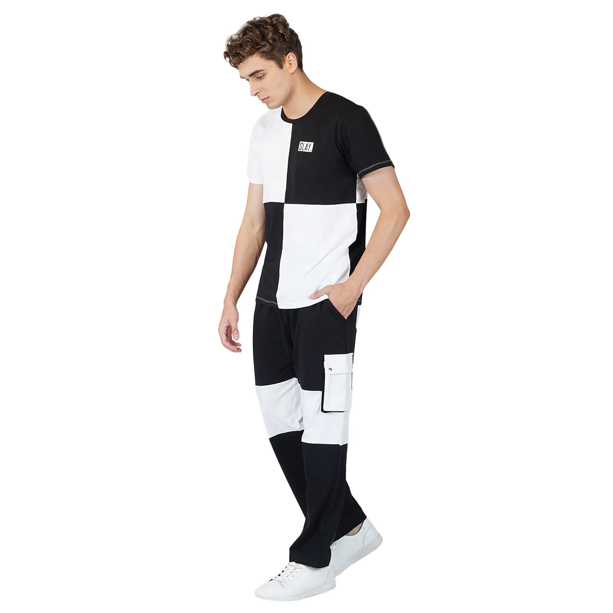 SLAY. Men's Black & White T-shirt & Cargo Pants Co-ord Set