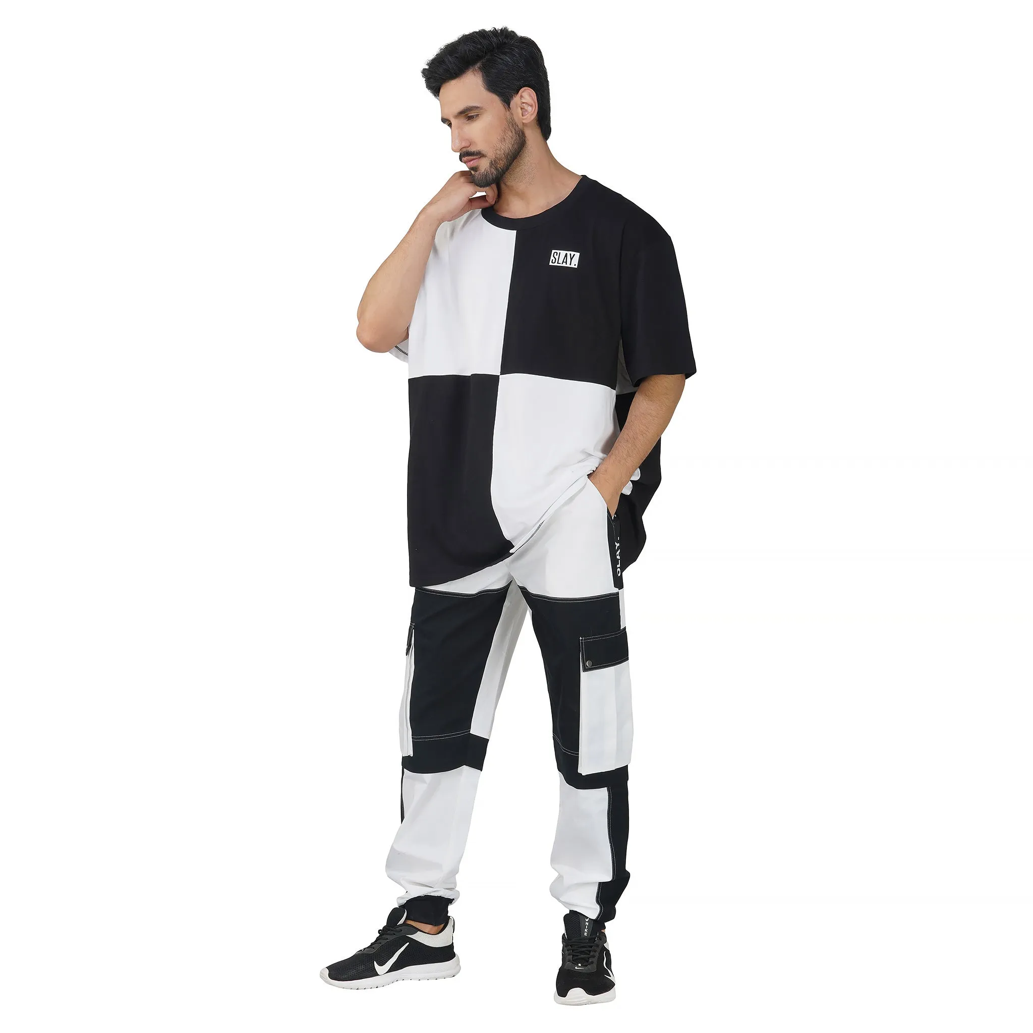 SLAY. Men's Colorblock Oversized White & Black T-shirt & Cargo Pants Co-ord Set