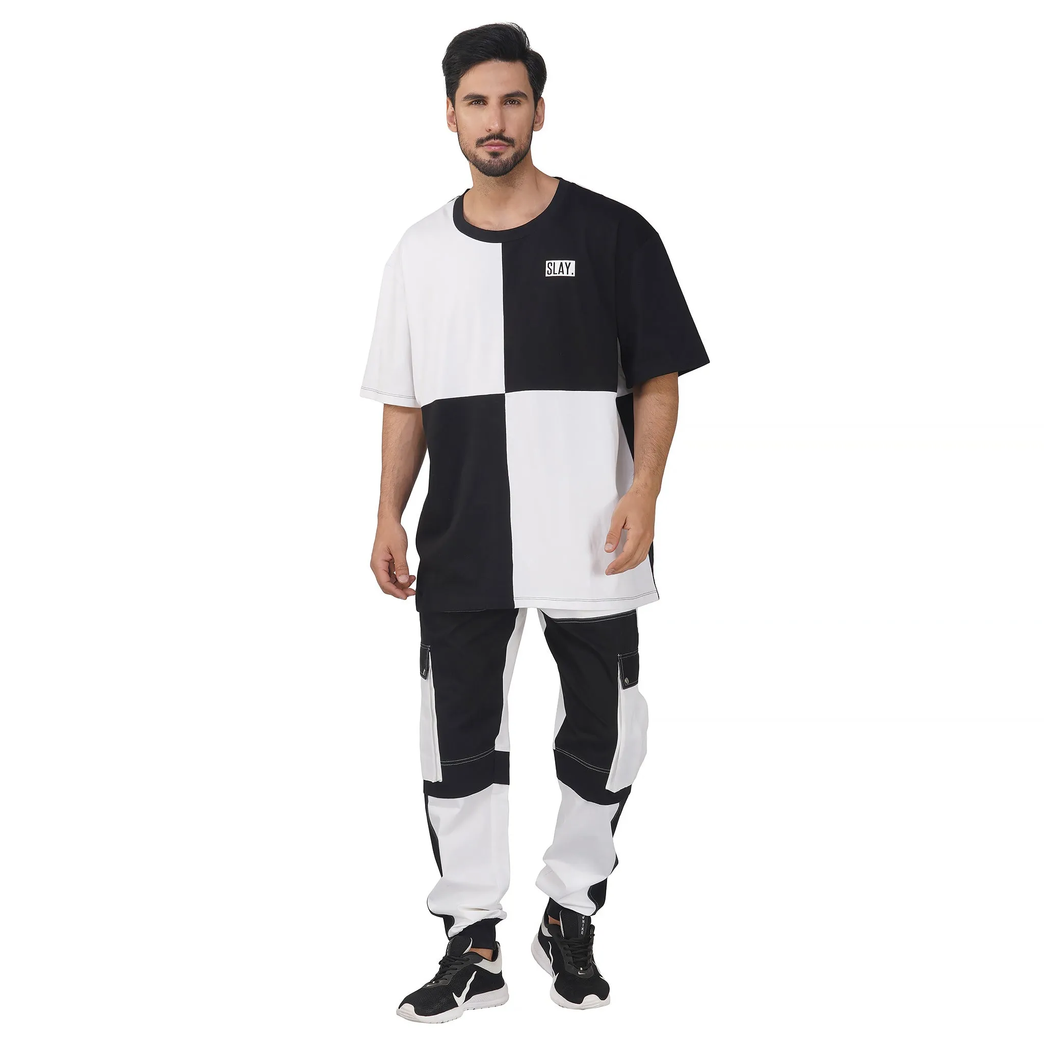 SLAY. Men's Colorblock Oversized White & Black T-shirt & Cargo Pants Co-ord Set