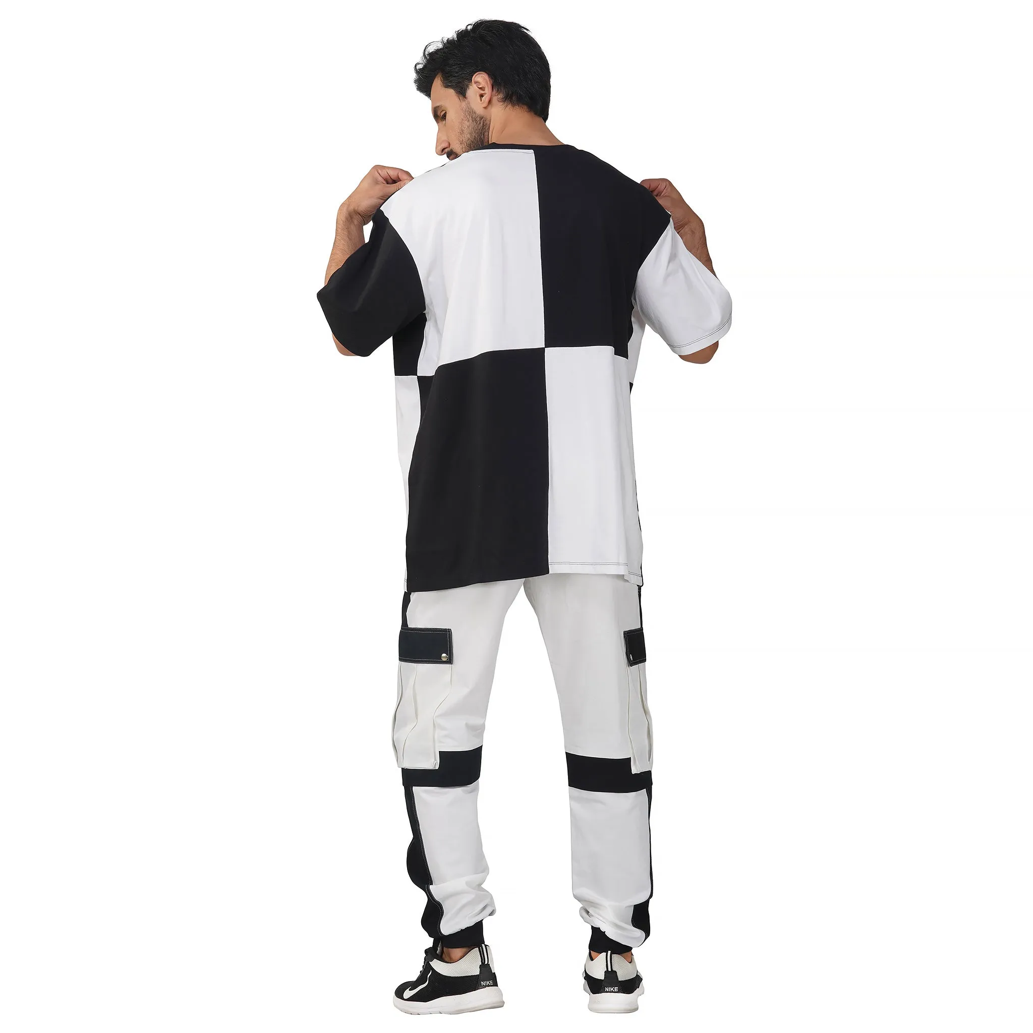 SLAY. Men's Colorblock Oversized White & Black T-shirt & Cargo Pants Co-ord Set