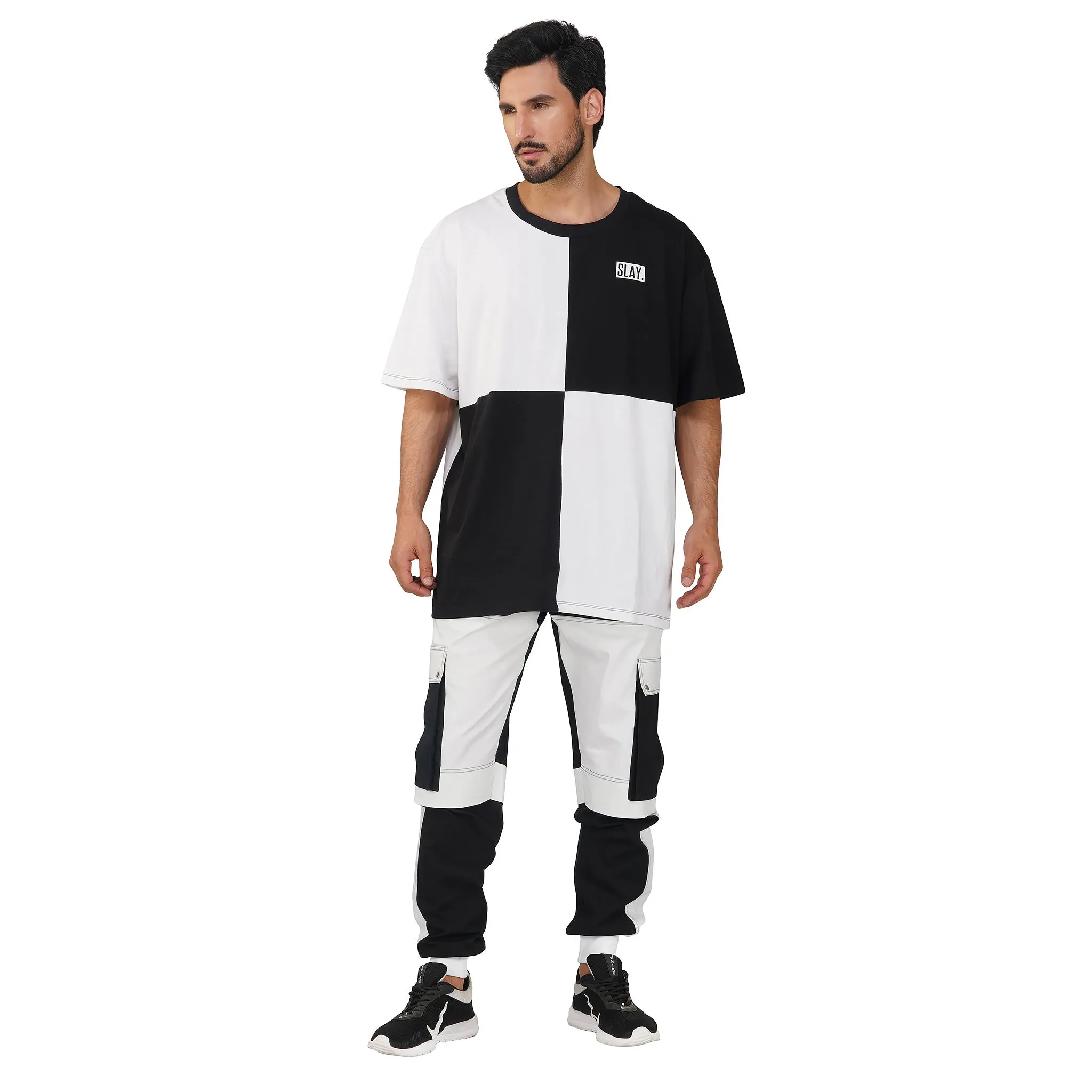 SLAY. Men's Oversized Black & White T-shirt & Cargo Pants Co-ord Set