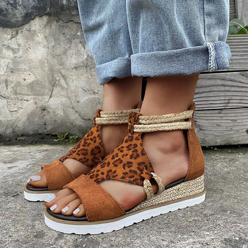 Slope Heel Woven Rope Animal Print Platform Sandals