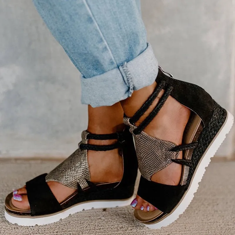 Slope Heel Woven Rope Animal Print Platform Sandals