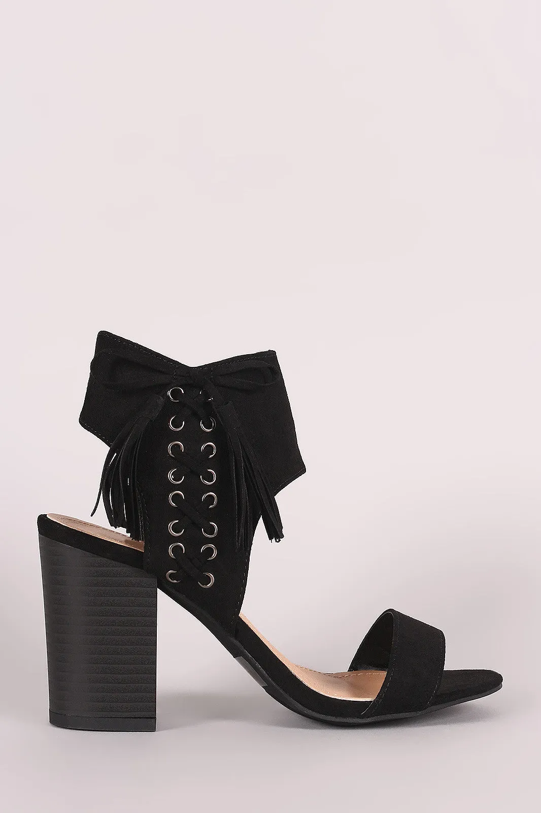 Suede Side Corset Ankle Cuff Open Toe Chunky Heel