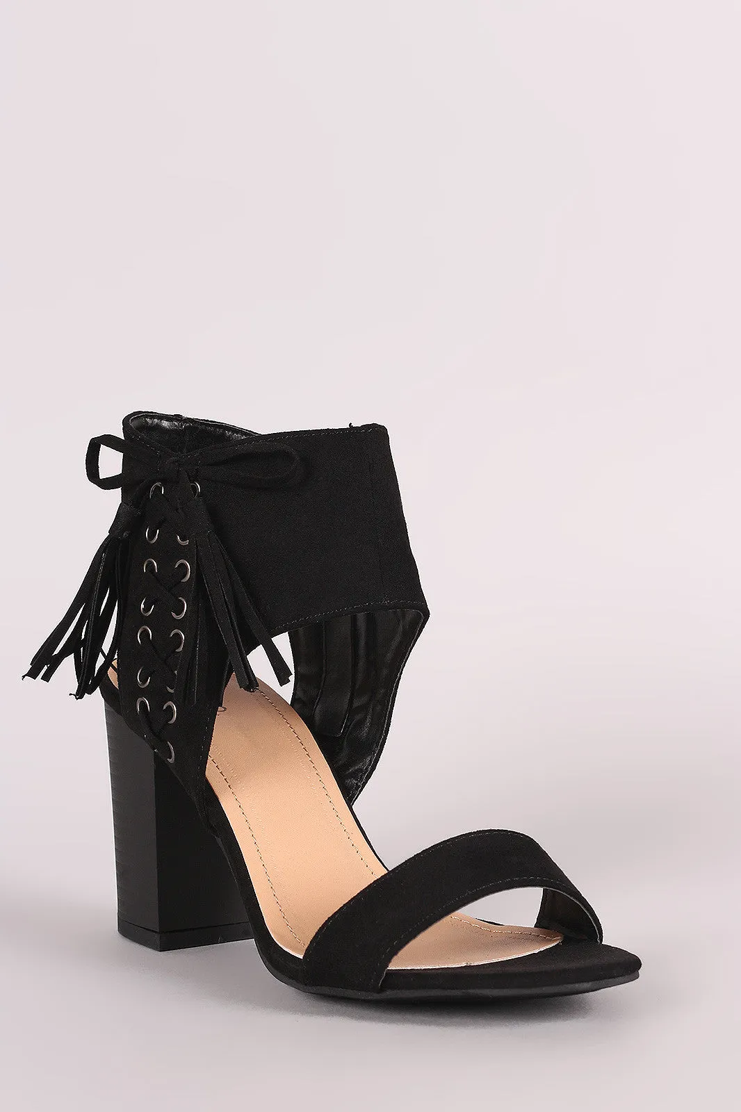 Suede Side Corset Ankle Cuff Open Toe Chunky Heel