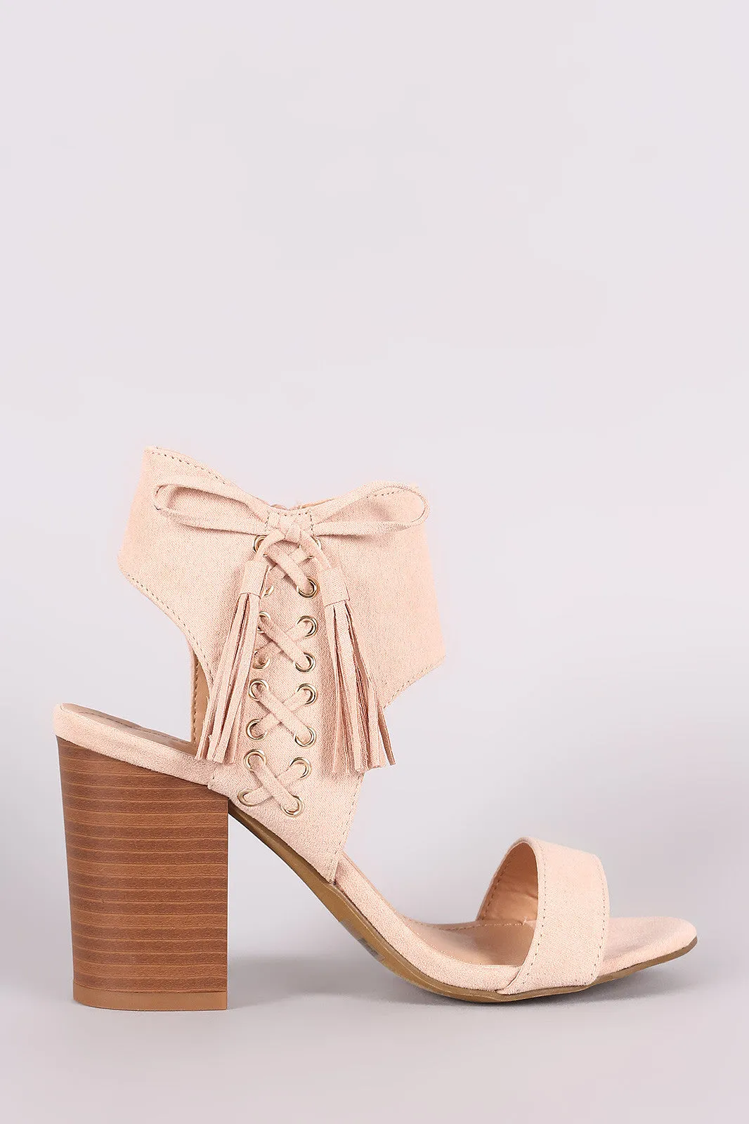 Suede Side Corset Ankle Cuff Open Toe Chunky Heel