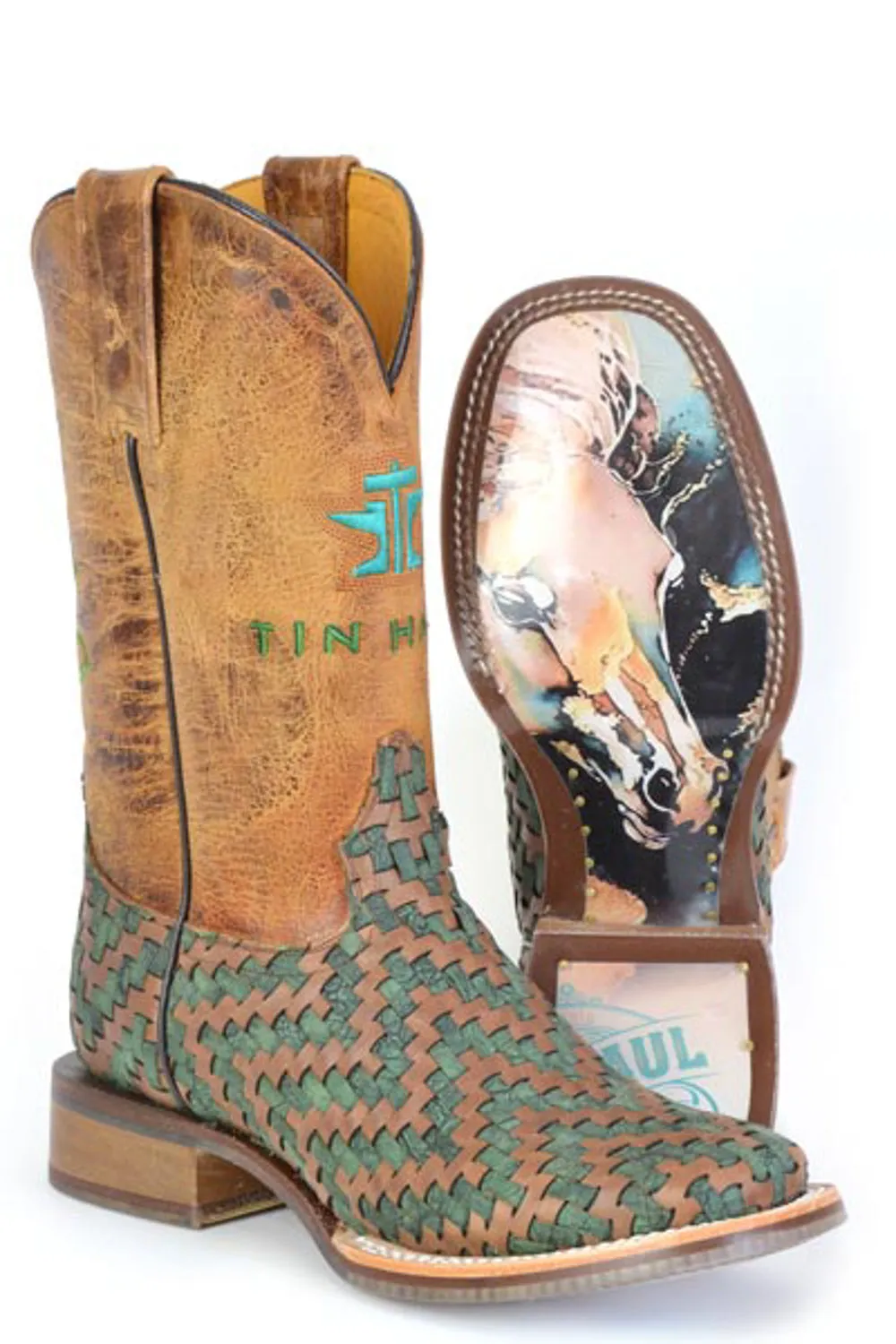 Tin Haul Womens Laced Tan/Turquoise Leather Cowboy Boots