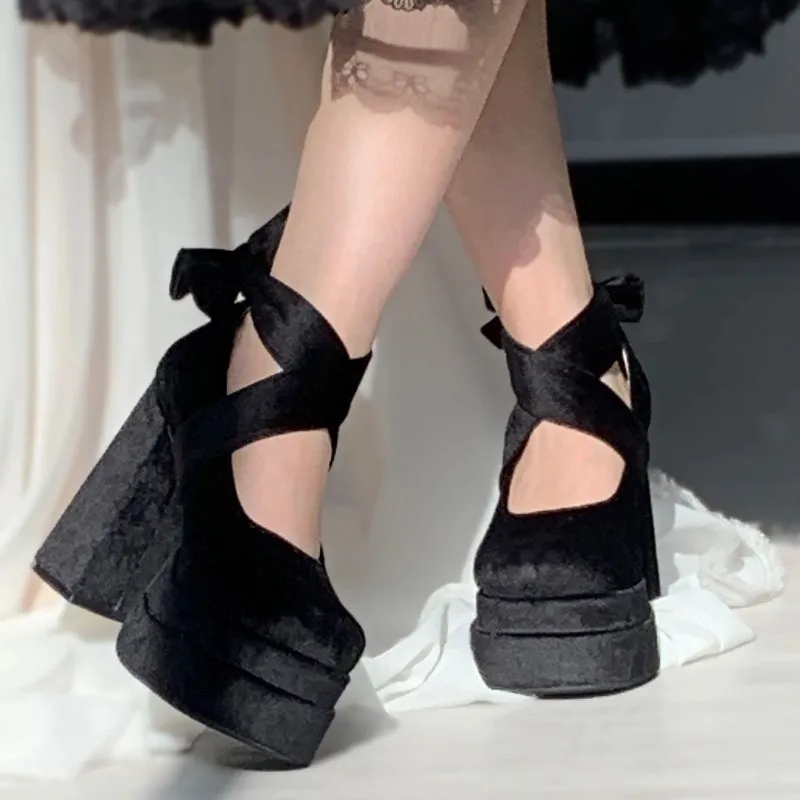 Velvet Classic Elegant Cross Strap Bad Bear Mary Jane Platform High Heels Shoes