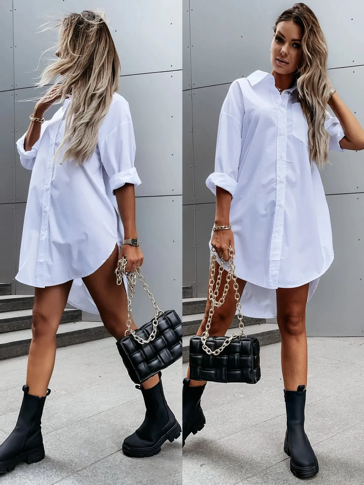 Versatile Extended Sleeves V-Neck Button Flaccid-fit Shirt Dresses