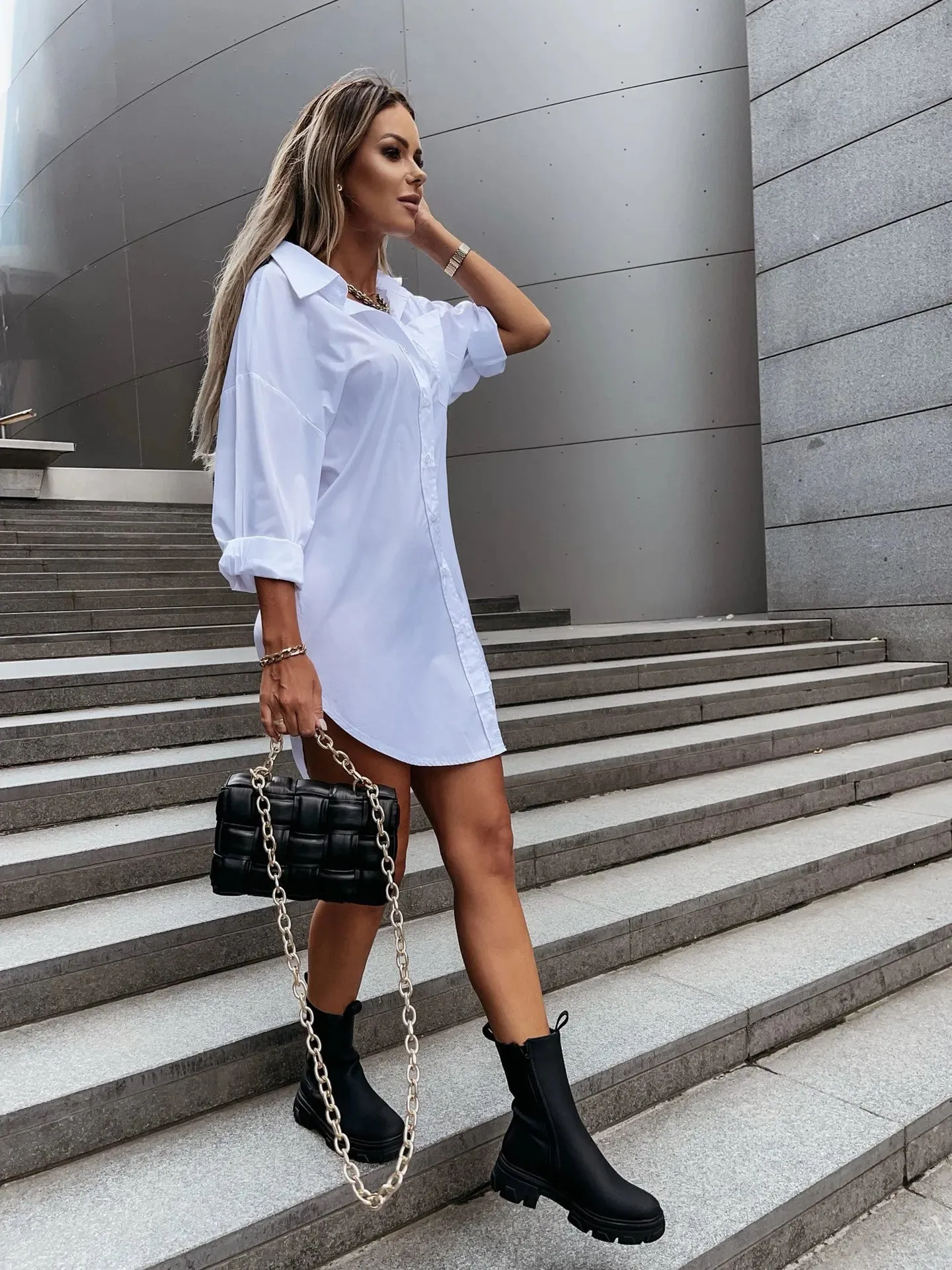 Versatile Extended Sleeves V-Neck Button Flaccid-fit Shirt Dresses