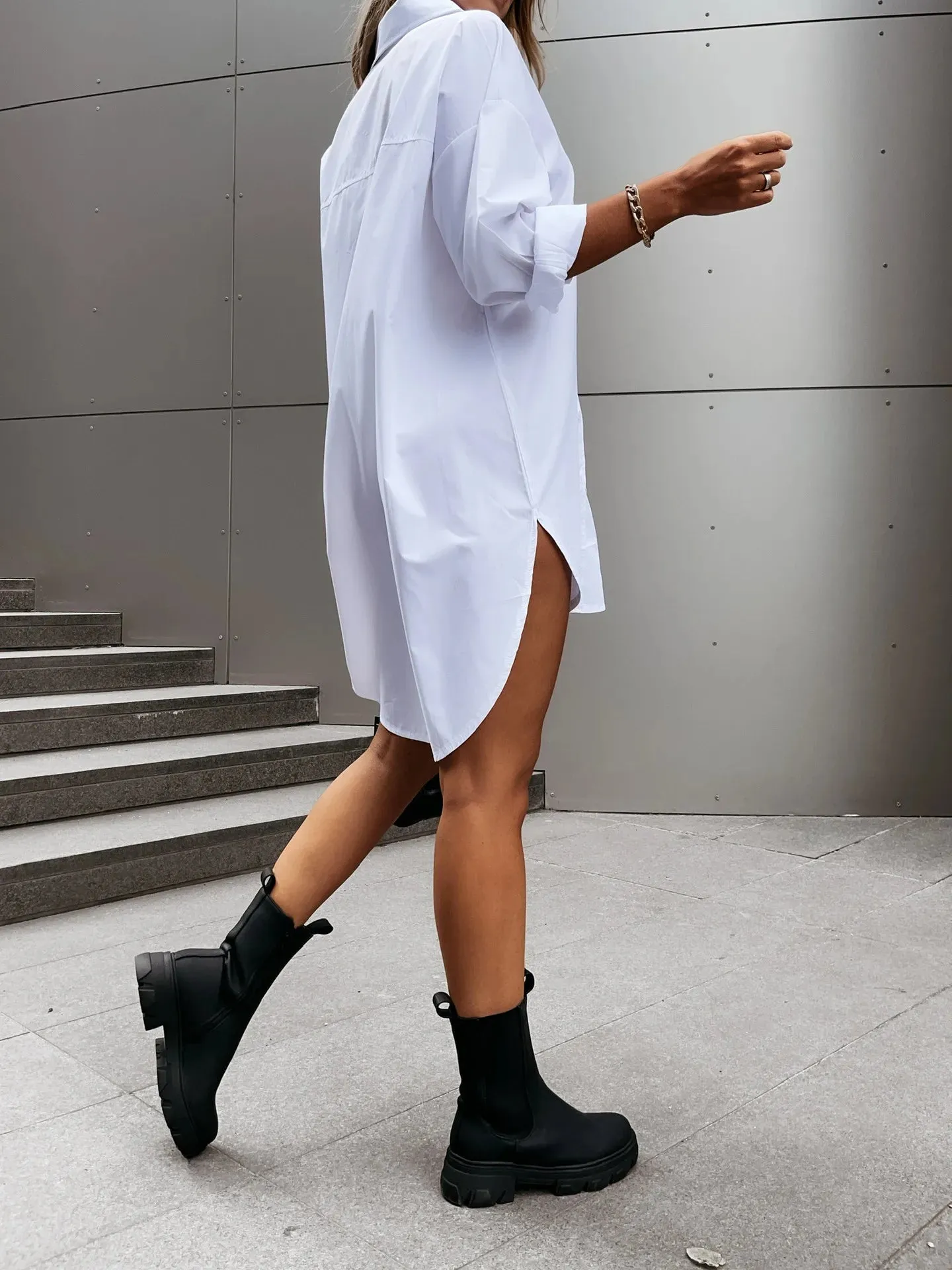 Versatile Extended Sleeves V-Neck Button Flaccid-fit Shirt Dresses